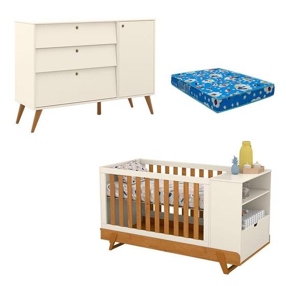 Imagem de Berço Multifuncional Bkids com Cômoda Infantil Gold Off White Freijó Eco Wood e Colchão  Matic