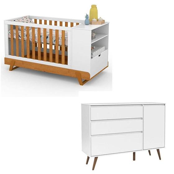 Imagem de Berço Multifuncional Bkids e Cômoda Infantil Retro Clean 1 Porta Branco Freijó Eco Wood - Matic