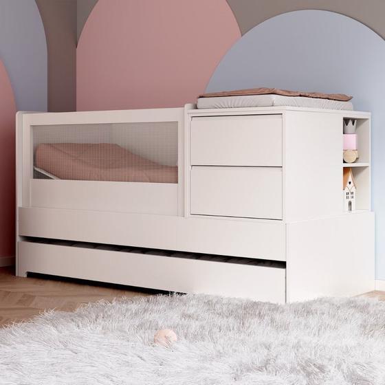 Imagem de Berço Multifuncional com Cama Auxiliar Cômoda 2 Gavetas 2 Nicho Sol e Mar com Colchão