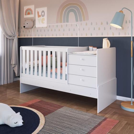 Imagem de Berço Multifuncional com Cômoda e Vira Cama Solteiro - Branco