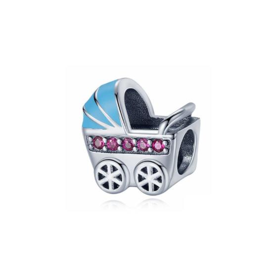 Imagem de Berloque Charm Separador Carrinho de Bebe Gestante Gravida Azul e Rosa Prata 925