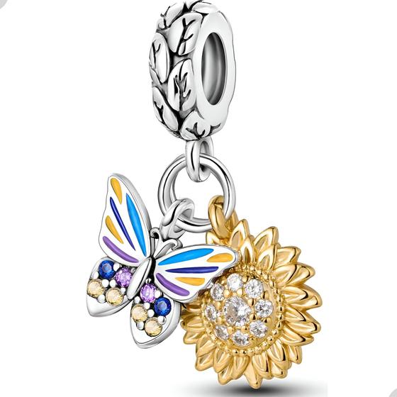 Imagem de Berloque Charms Pingente Sorte Girassol Borboleta Prata 925