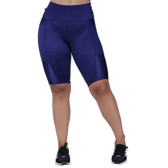 Imagem de Bermuda Fitness Feminina Bolso Cós Alto Cirre Textura Brilho Orbis - M, AZUL BIC