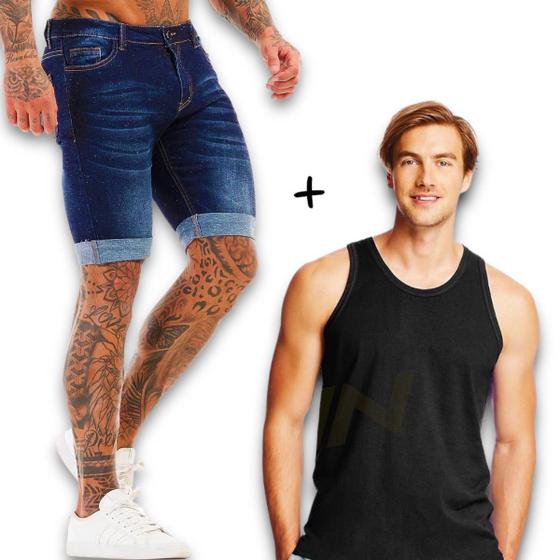 Imagem de Bermuda Jeans + Camiseta Regata Slim Algodão Masculina 457