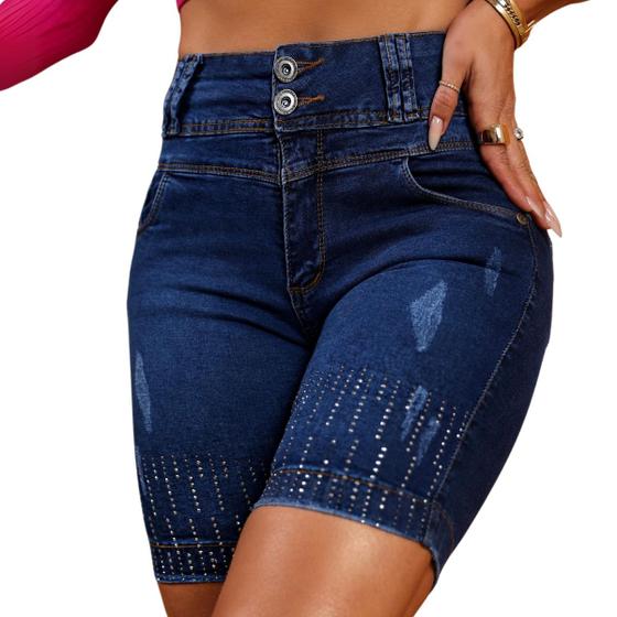 Imagem de Bermuda Jeans Cintura Alta Com Elastano Com Brilho Strass