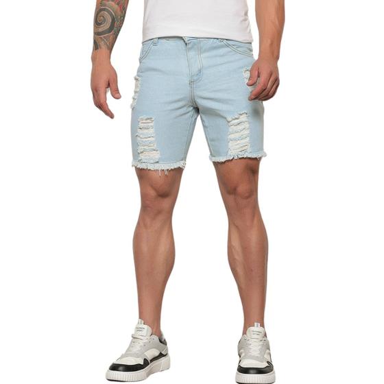 Imagem de Bermuda Jeans Curta Delavê Rasgada Masculina Azul Claro