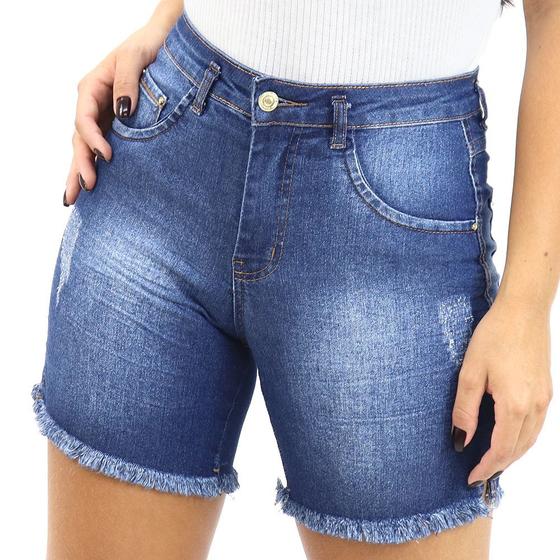 Imagem de Bermuda Jeans Feminina Barra Desfiada Cós Alto Bolsos Verão
