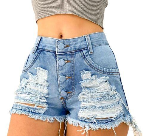 Imagem de Bermuda Jeans Feminina Desfiada Cós Alto Moda Rasgada