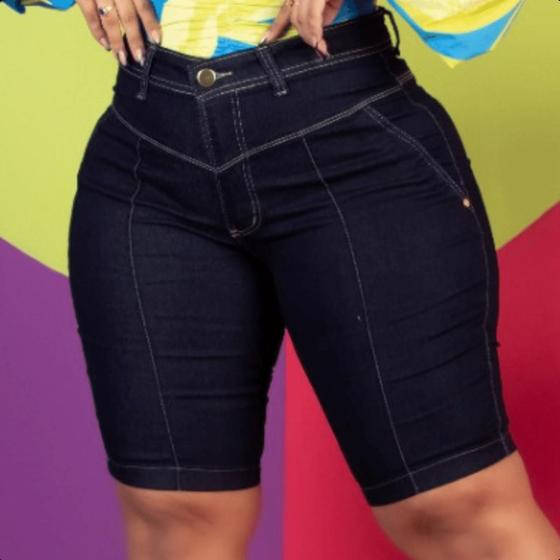 Imagem de Bermuda Jeans Plus Size Feminino Cintura Alta Com Lycra