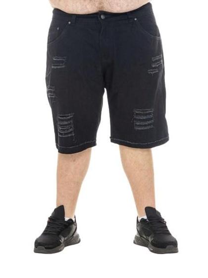 Imagem de Bermuda Masculina Plus Size Jeans Preto com Rasgo e Barra Normal