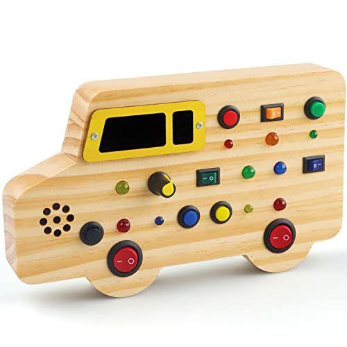 Imagem de Bestbase Brinquedos de madeira para crianças Montessori Busy Board, brinquedos sensoriais com acender LED sons botões de madeira brinquedos de carro, brinquedos de educação Montessori brinquedos para 1 + ano de idade menino / menina presentes de bebê