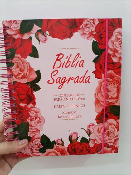 Imagem de Biblia anote espiral cpp capa floral rosa com harpa e corinhos