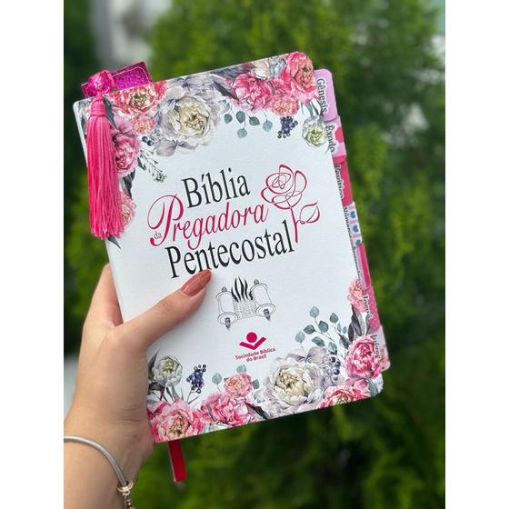 Imagem de Bíblia de Estudo Pregadora Pentecostal média com Abas adesivas coladas + marca páginas Glitter pink