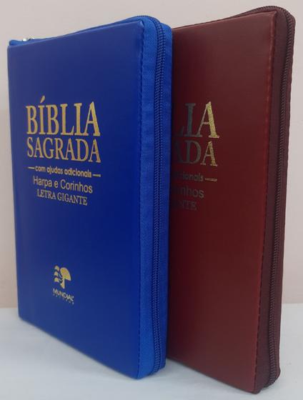 Imagem de Bíblia do casal letra gigante com harpa capa com zíper azul royal + vinho