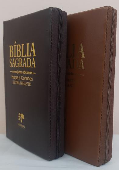 Imagem de Bíblia do casal letra gigante com harpa capa com zíper café + caramelo