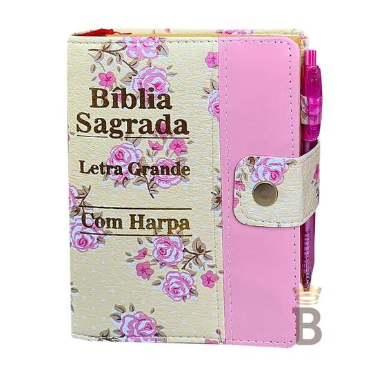 Imagem de Biblia Letra Grande C/harpa E Botão - Floral E Rosa