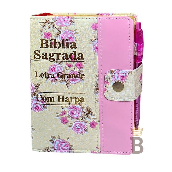 Imagem de Biblia Letra Grande C/harpa E Botão - Floral E Rosa