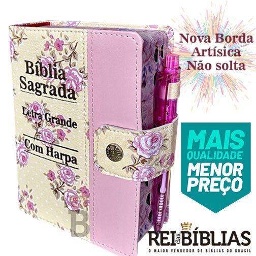 Imagem de Biblia Letra Grande C/harpa E Botão - Floral E Rosa