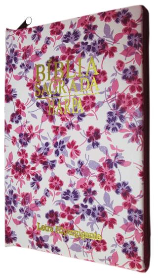 Imagem de Bíblia letra hipergigante com harpa - capa com zíper floral roxa