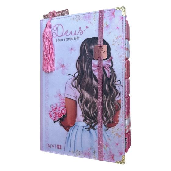 Imagem de Bíblia Nvi Garota com Abas adesivas + Elástico Cp Dura Acolchoada + Marca paginas glitter