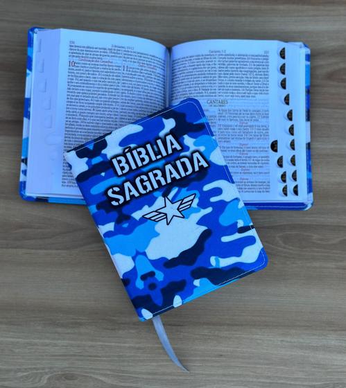 Imagem de Bíblia pequena exército azul - com índice e harpa e corinhos