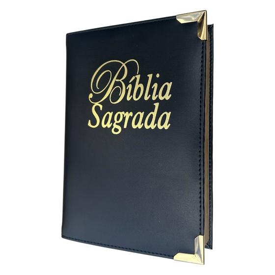 Imagem de Biblia Preta material sintético Cp dura acolchoada com Borda Dourada S  Cantoneiras  ARC com Harpa
