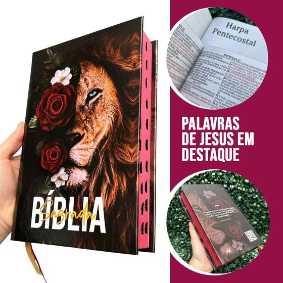 Imagem de Bíblia Sagrada Capa Dura Com Harpa e Índice LETRA MÉDIA Folha ECOLÓGICA Versão ARC Leão e Rosas