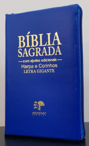 Imagem de Bíblia sagrada com ajudas adicionais e harpa letra gigante - capa com ziper azul royal