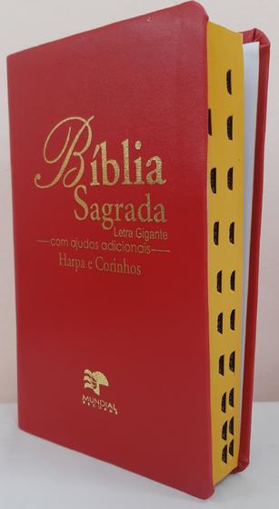 Imagem de Bíblia sagrada com ajudas adicionais e harpa letra gigante - capa luxo vermelha