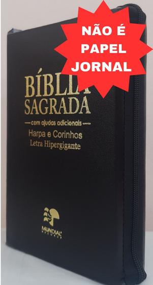 Imagem de Bíblia sagrada com ajudas adicionais e harpa letra hipergigante capa com ziper preta