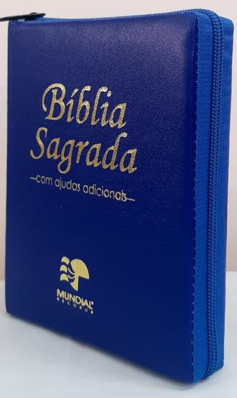 Imagem de Bíblia sagrada com ajudas adicionais media  capa com ziper azul royal