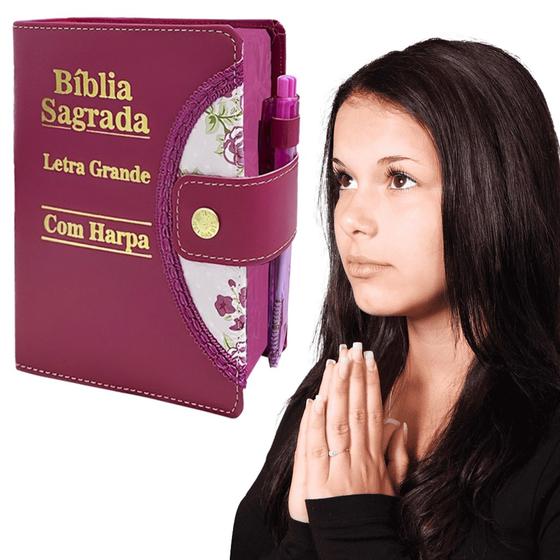 Imagem de Bíblia Sagrada Com Harpa Feminina Botão Caneta Borda Decorada