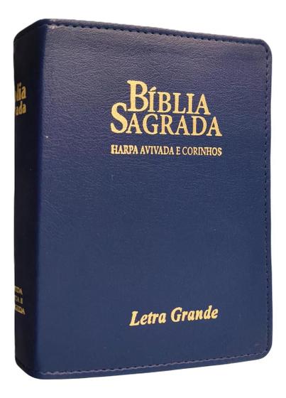 Imagem de Bíblia sagrada com letra grande  arc  com harpa cristã e corinhos  tamanho médio  capa azul  com índice