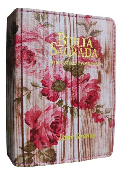 Imagem de Bíblia sagrada com letra grande  arc  com harpa cristã e corinhos  tamanho médio  capa rosa floral  com índice