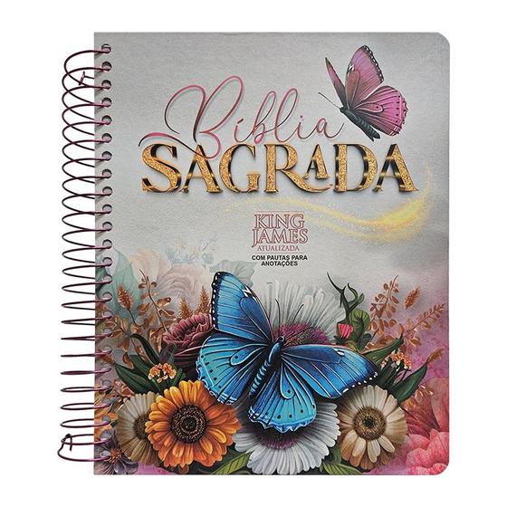 Imagem de Biblia Sagrada Evangelica Espiral King James Anote Flores Rosa Borboleta Lilas KJA 400 Anos Fiel Feminina  CPP