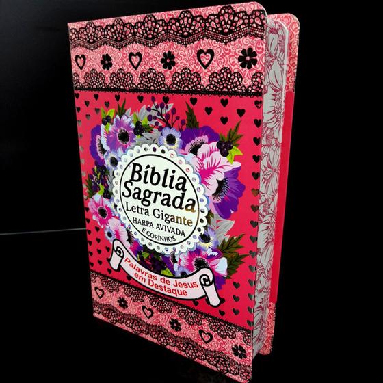 Imagem de Bíblia sagrada feminina harpa moça laminada rosa sc sk