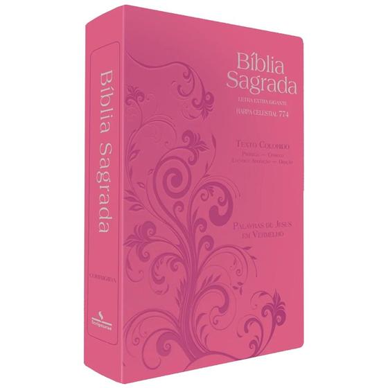 Imagem de Bíblia Sagrada Harpa Celestial 774  ERC  Letra Extra Gigante  Capa Rosa Arabesco