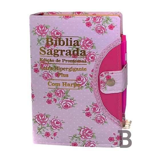 Imagem de Biblia Sagrada Hipergigante Floral Rosa - Botão C/ Harpa