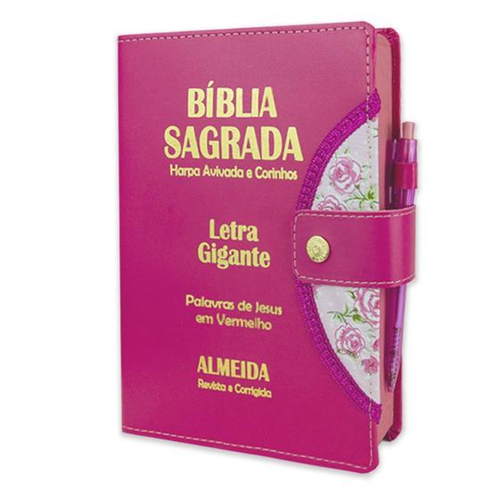 Imagem de Bíblia Sagrada Letra Gigante - Botão e Caneta - Pink - C/ Harpa