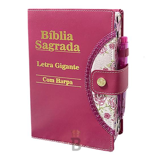 Imagem de Bíblia Sagrada Letra Gigante - Botão e Caneta - Pink - C/ Harpa
