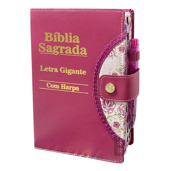 Imagem de Bíblia Sagrada Letra Gigante - Botão e Caneta - Pink - C/ Harpa