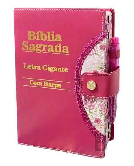 Imagem de Bíblia Sagrada Letra Gigante Harpa Porta Caneta Pink 14x22