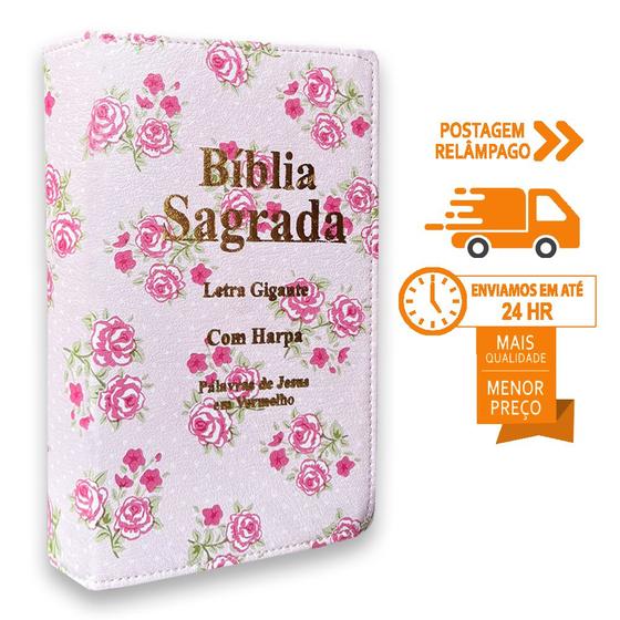Imagem de Biblia Sagrada Letra Gigante Luxo Popular - Floral Rosa - Com Harpa - Mulher - RC