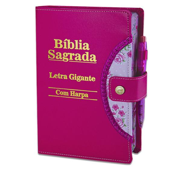 Imagem de Bíblia Sagrada Letra Gigante - Pink - Botão e Caneta Revista e Corrigida - 14x21cm