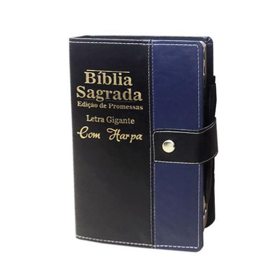 Imagem de Bíblia Sagrada Letra Gigante - Preto C/ Azul - Botão e Caneta Revista e Corrigida - Com Harpa- 14x21 cm