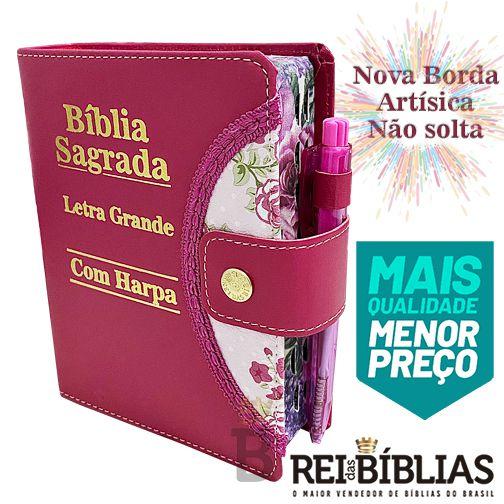 Imagem de Bíblia Sagrada Letra Grande - Pink - Botão e Caneta Revista e Corrigida