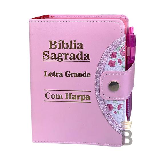 Imagem de Bíblia Sagrada Letra Grande - Rosa - Botão e Caneta Revista e Corrigida - Com Harpa