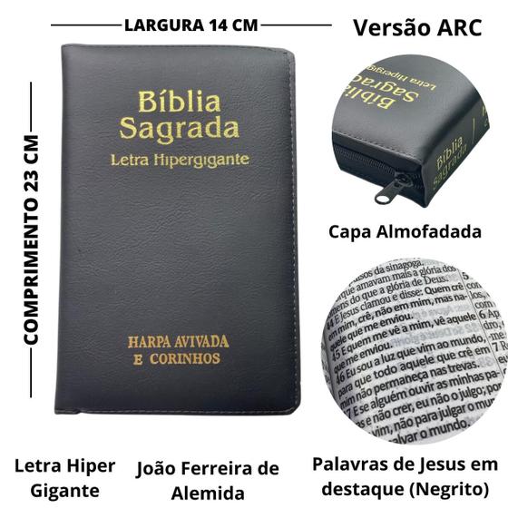 Imagem de Bíblia Sagrada Letra Hiper Gigante com Harpa Zíper Almeida Revista e Corrigida RC João Ferreira