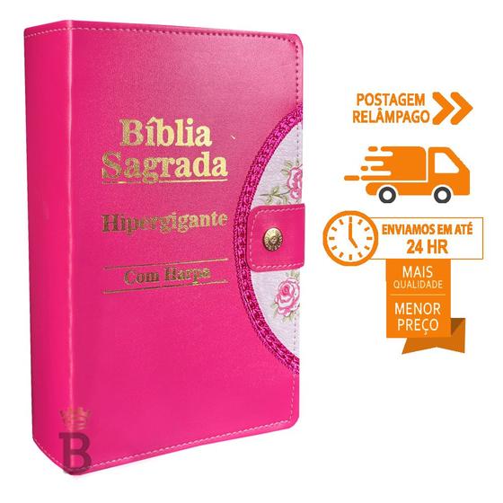 Imagem de Bíblia Sagrada Letra Hipergigante - Pink - Botão e Caneta Revista e Corrigida - 14x21cm