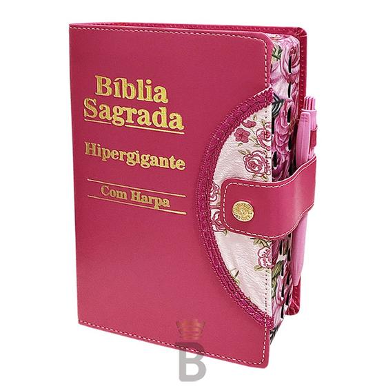 Imagem de Bíblia Sagrada Letra Hipergigante - Pink - Botão e Caneta Revista e Corrigida - C/ Harpa